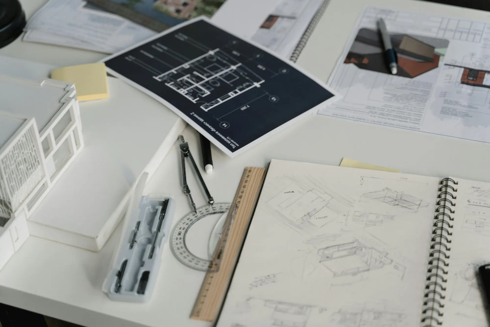 Engineering drawings and drafting tools on a desk